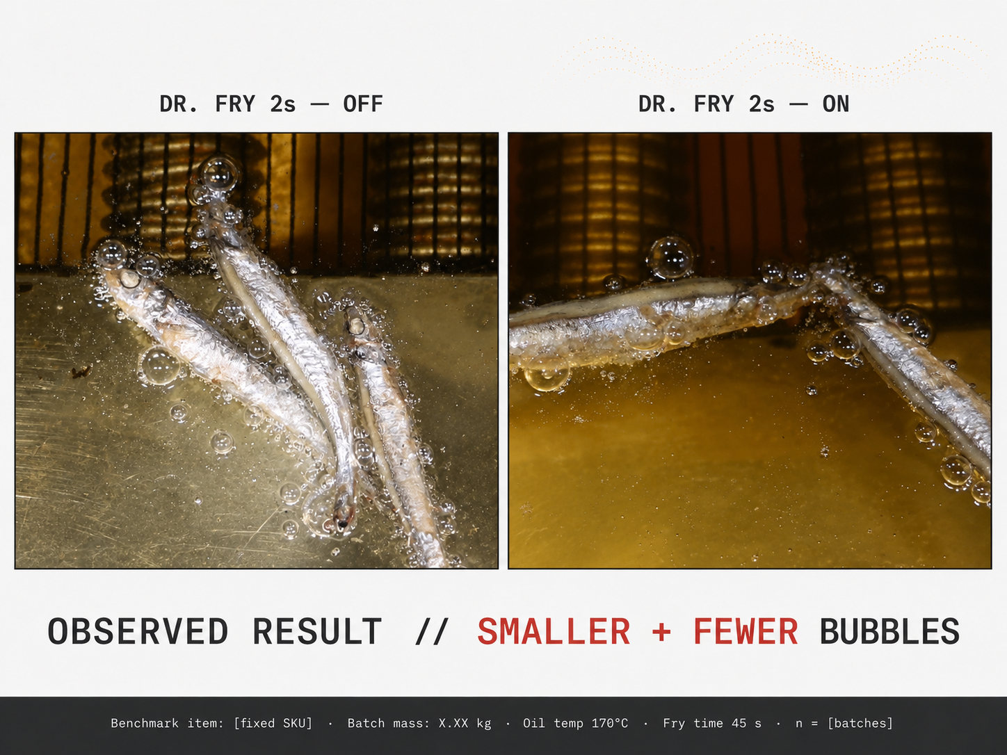 Side-by-side macro photography of frying with Dr. Fry 2s off versus on — the field on produces visibly smaller and fewer bubbles at the oil interface
