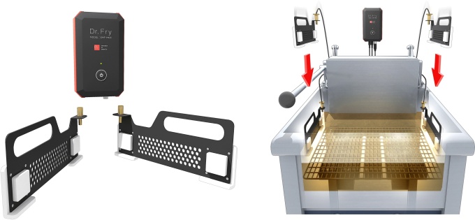 ProWave control unit with two electrode panels lowering into a fryer oil bath